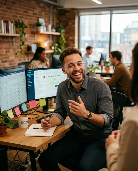A staffing operations coordinator working at his desk